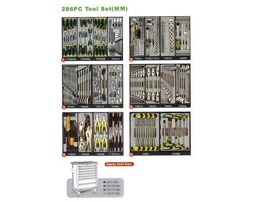 Тумба FORCE для хранения инструментов в ложементах на 7-ми полоках, с наполнением 286пр. (красная), 10217R-286