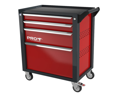 Тележка инструментальная с 4 ящиками, перфорированные боковые стенки, красная,  Wellmet ТЗИ-4Pro