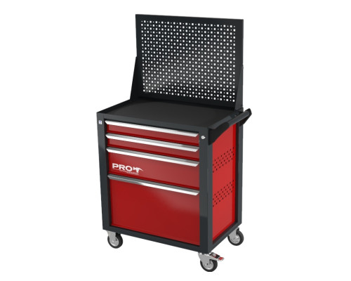 Тележка инструментальная с экраном с 4 ящиками, перфорированные боковые стенки, красная,  Wellmet ТЗИ-4Pro-P
