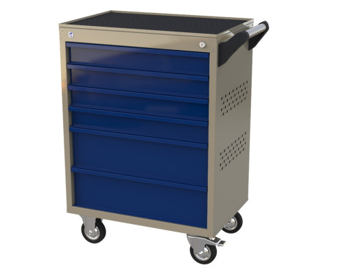 Тележка инструментальная с 6 ящиками, серии Masterline Wellmet ML6C. Перфорированные боковые стенки. 855x600x400 мм. Серо-синяя