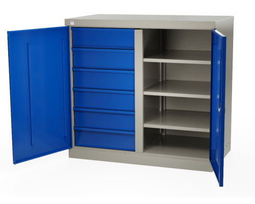 Шкаф инструментальный металлический, 3 полки, 6 ящиков, 2 двери, с перегородкой, 875х930х511 мм, MasterLine Wellmet MLST6-203060