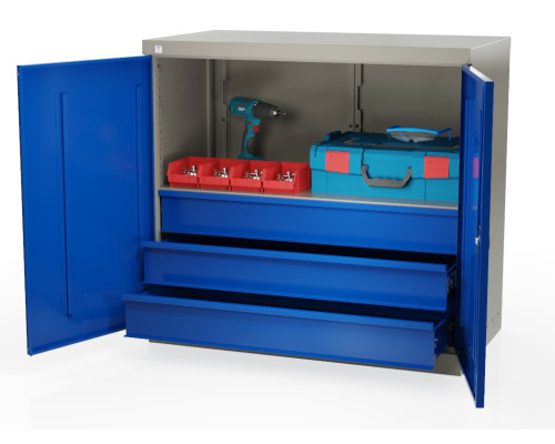 Шкаф инструментальный металлический, 1 полка, 3 ящика, 2 двери, 875х930х511 мм, MasterLine Wellmet MLST6-010300