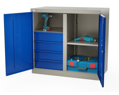 Шкаф инструментальный металлический, 2 полки, 4 ящика, 2 двери, с перегородкой, 875х930х511 мм, MasterLine Wellmet MLST6-202040
