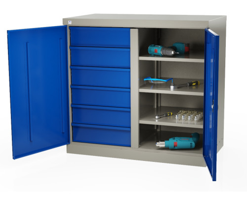 Шкаф инструментальный металлический, 3 полки, 6 ящиков, 2 двери, с перегородкой, 875х930х511 мм, MasterLine Wellmet MLST6-203060