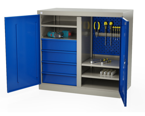 Шкаф инструментальный металлический, 4 полки, 4 ящика, 2 двери, с перегородкой, 875х930х511 мм, MasterLine Wellmet MLST6-204041