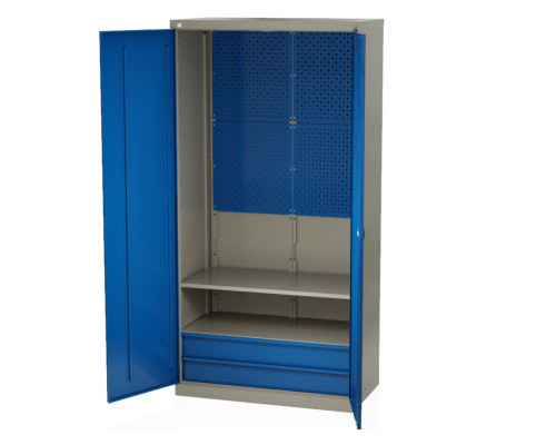 Шкаф инструментальный металлический, 2 полки, 2 ящика, 2 двери, с перфорацией, 1875х930х511 мм, MasterLine Wellmet MLST14-020204