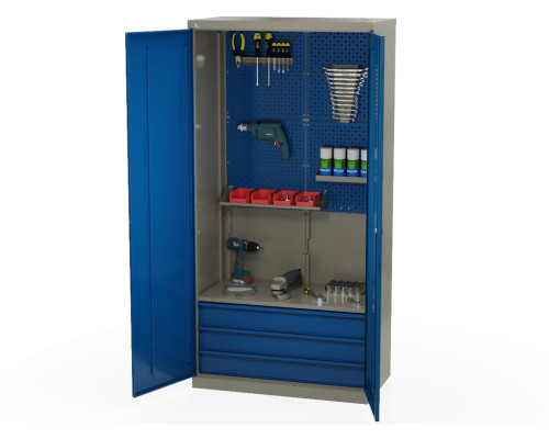 Шкаф инструментальный металлический, 1 полка, 3 ящика, 2 двери, с перфорацией, 1875х930х511 мм, MasterLine Wellmet MLST14-010304