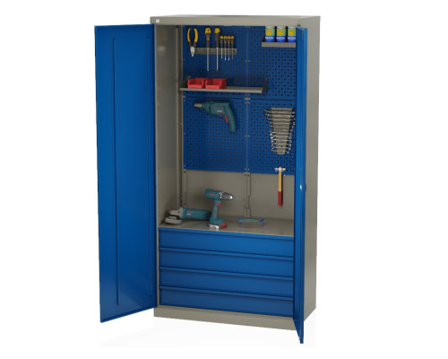 Шкаф инструментальный металлический, 1 полка, 4 ящика, 2 двери, с перфорацией, 1875х930х511 мм, MasterLine Wellmet MLST14-010404