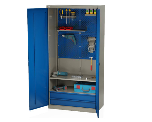 Шкаф инструментальный металлический, 2 полки, 2 ящика, 2 двери, с перфорацией, 1875х930х511 мм, MasterLine Wellmet MLST14-020204