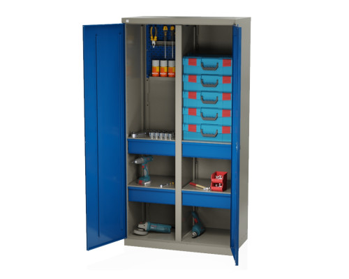 Шкаф инструментальный металлический, 4 полки, 4 ящика, 2 двери, с перегородкой, с перфорацией, 1875х930х511 мм, MasterLine Wellmet MLST14-104041