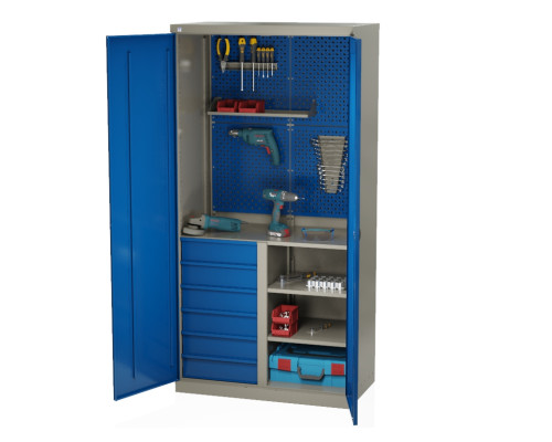 Шкаф инструментальный металлический, 3 полки, 6 ящиков, 2 двери, с перегородкой, с перфорацией, 1875х930х511 мм, MasterLine Wellmet MLST14-212064