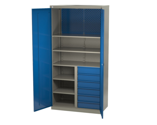 Шкаф инструментальный металлический, 5 полок, 6 ящиков, 2 двери, с перегородкой, с перфорацией, 1875х930х511 мм, MasterLine Wellmet MLST14-232062