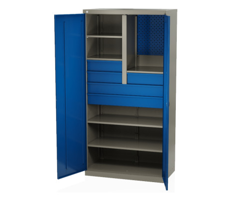 Шкаф инструментальный металлический, 4 полки, 5 ящиков, 2 двери, с перегородкой, с перфорацией, 1875х930х511 мм, MasterLine Wellmet MLST14-233231