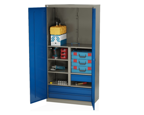 Шкаф инструментальный металлический, 4 полки, 3 ящика, 2 двери, с перегородкой, 1875х930х511 мм, MasterLine Wellmet MLST14-223210