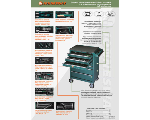 Набор инструментов в зеленой тележке, 7 ящиков, 146 предметов Jonnesway C-7DW146