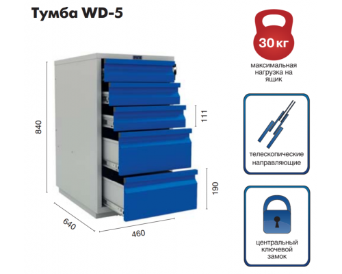 Тумба инструментальная с 5 ящиками, Практик, Промет PROFI WD-5