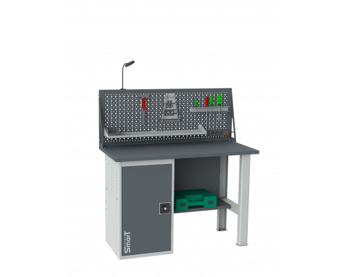 Стол верстак слесарный металлический с тумбой с дверью, с экраном, 1280 мм, ДВК SMART 1280.1.S1.0.d