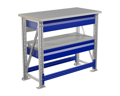 Стол верстак слесарный металлический бестумбовый, с полкой и 2 подвесными ящиками, 1000 мм, ПРАКТИК MASTER (№105) MT100.MF1/MF1.201