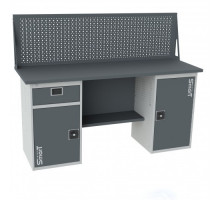 Верстак SMART 1760.1-1.S2.1.d, стол верстак слесарный металлический с экраном и тумбой с ящиком и тумбой с дверцей, 1760 мм, ДВК